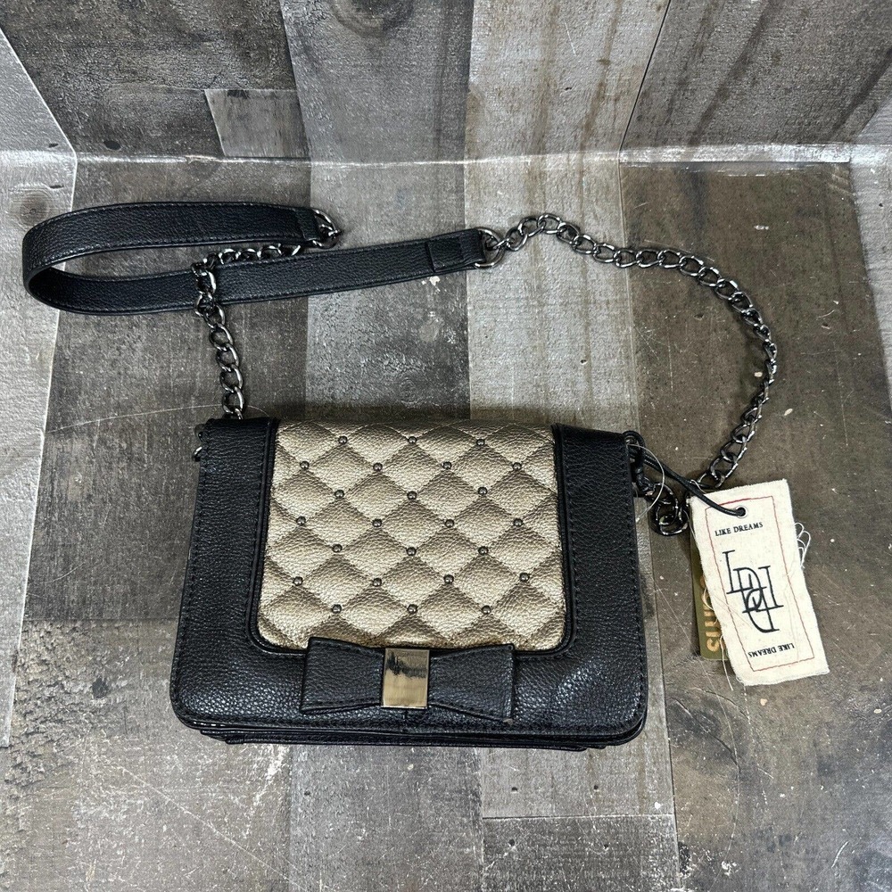 LIKE DREAMS Mini Crossbody Bag faux-leather - BLACK‎ Silver Purse New NWT